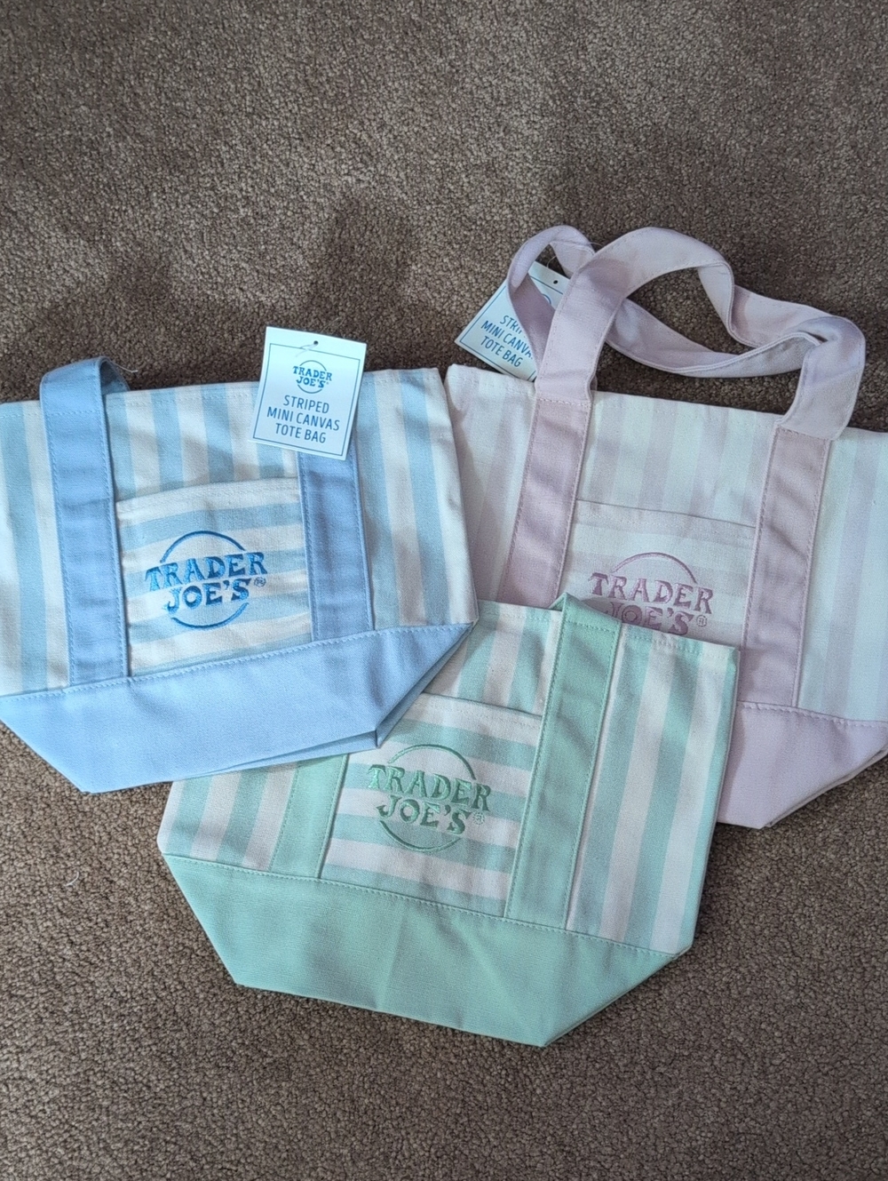 Trader Joe's Pastel Stripe Canvas Tote Bag - Pink, Blue, Green 3 Pack NWT